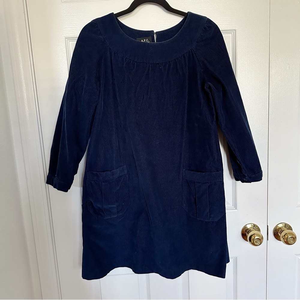 A.P.C. Women’s navy corduroy mini shift dress, size Medium